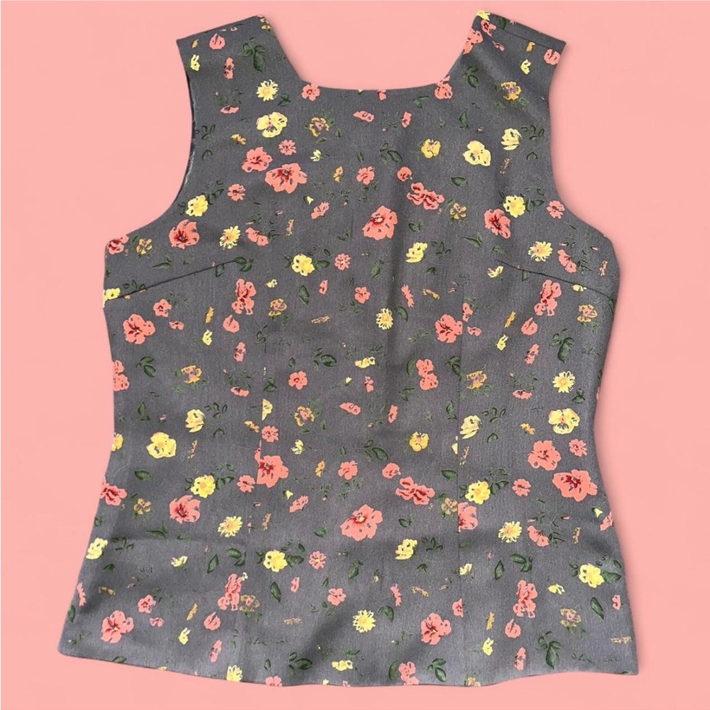 VTG 90s Floral Sleeveless Top - Gray with Pink and Yellow Accents